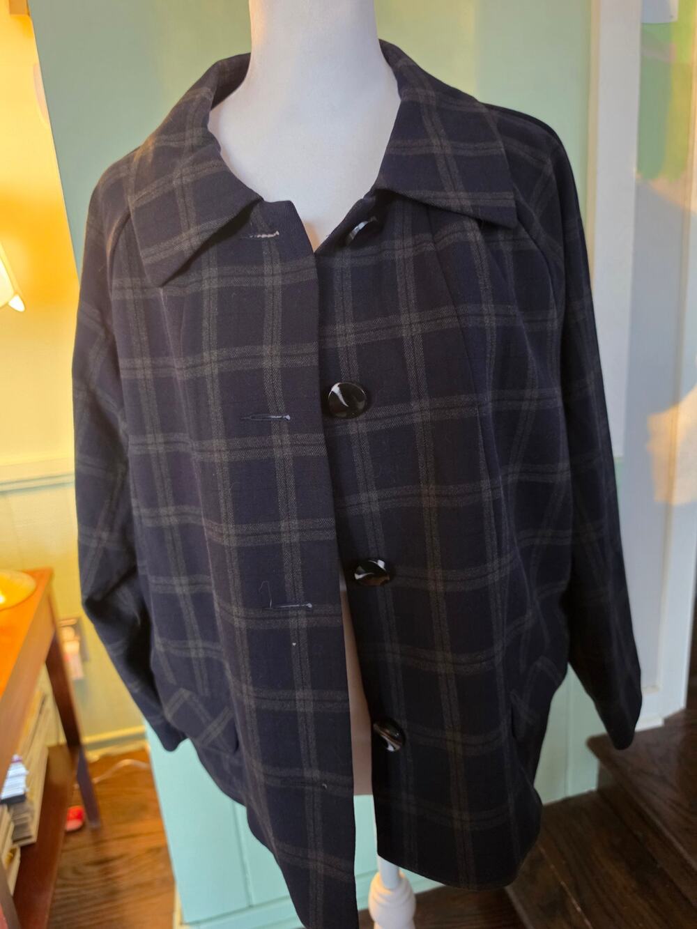 CAbi #3551 Connery Jacket Navy Plaid 3/4 Sleeve Size XL EUC